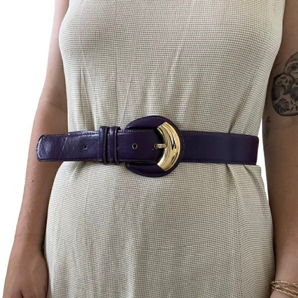 Vintage 1980s Womens Milor Purple Leather Retro Gold Buckle Waist Belt Sz M